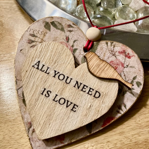 Beautiful Shabby Chic Hanging Heart All You need Is Love Antique Roses & Bird 