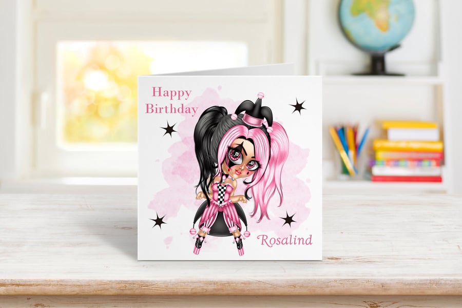 Personalised Harlequin Teenage Girl Birthday Card. Pink