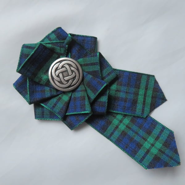 Black Watch Tartan Plaid Ribbon Ruffle Rosette Celtic Brooch Corsage Pin