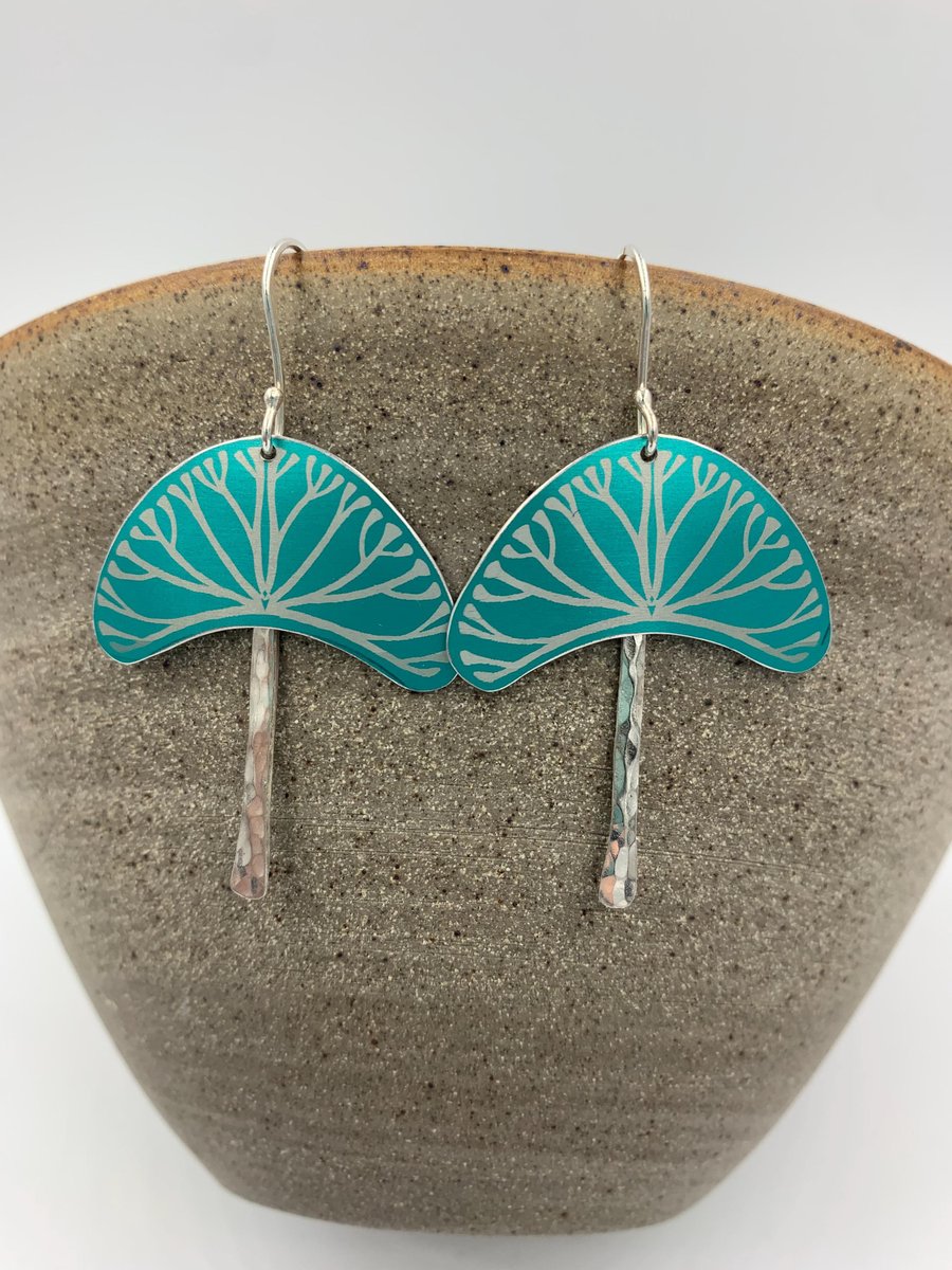 Teal aluminium and silver tree earrings