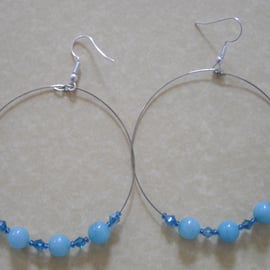 Large Hoop Tuquoise Blue Jade Gemstone Earrings - UK Free Post
