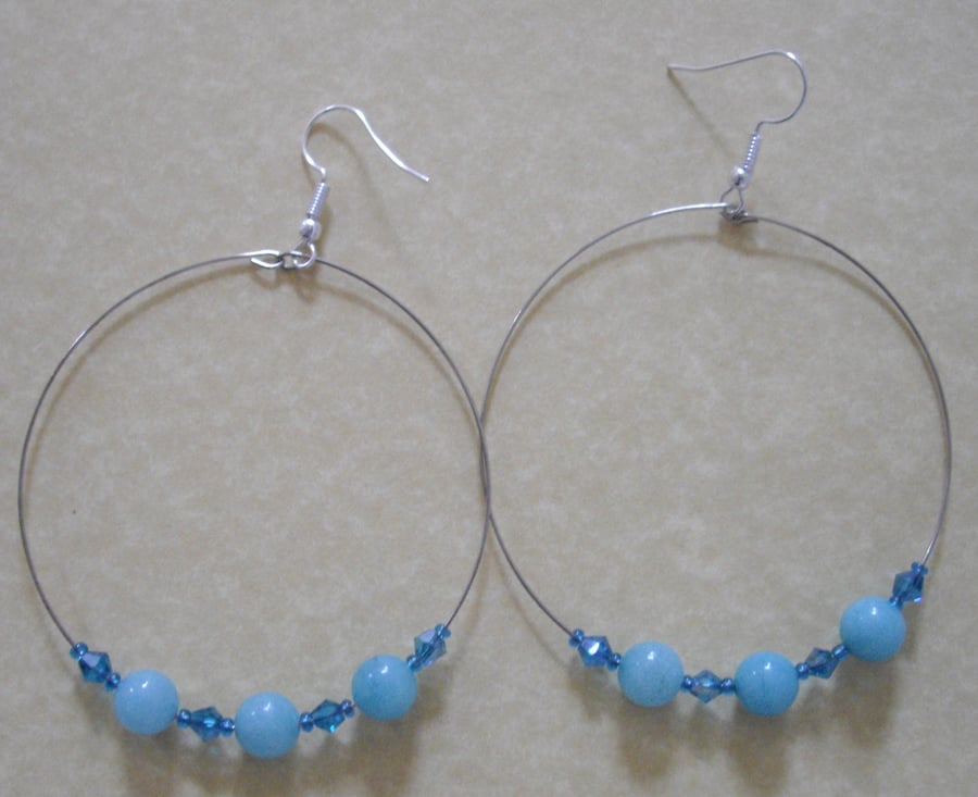 Large Hoop Tuquoise Blue Jade Gemstone Earrings - UK Free Post