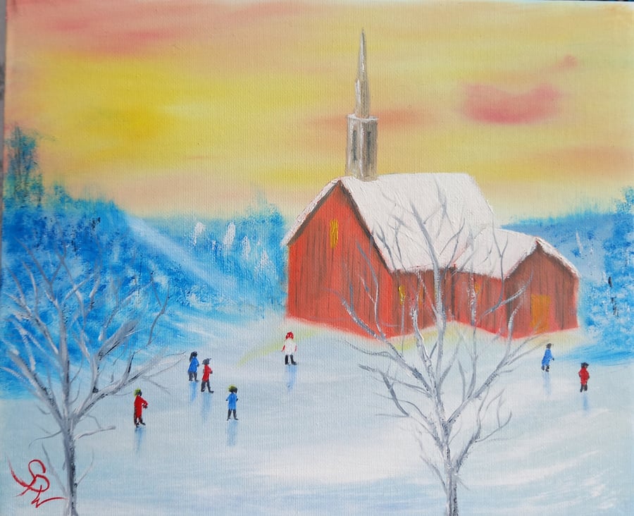 Fun Church and People Oil Painting  