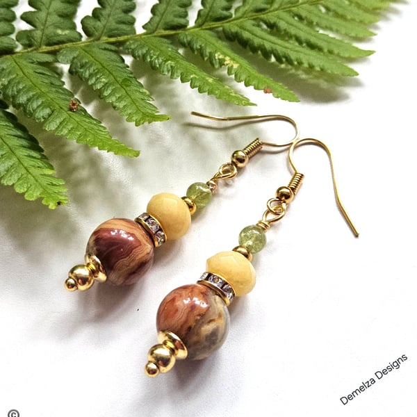 Agate, Peridot & Faceted Jade Gold Plate Earrings 