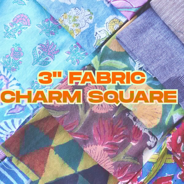 30 Indian Fabric Scrap 3” Charm Squares: Handblock Print, Indigo & Handloom