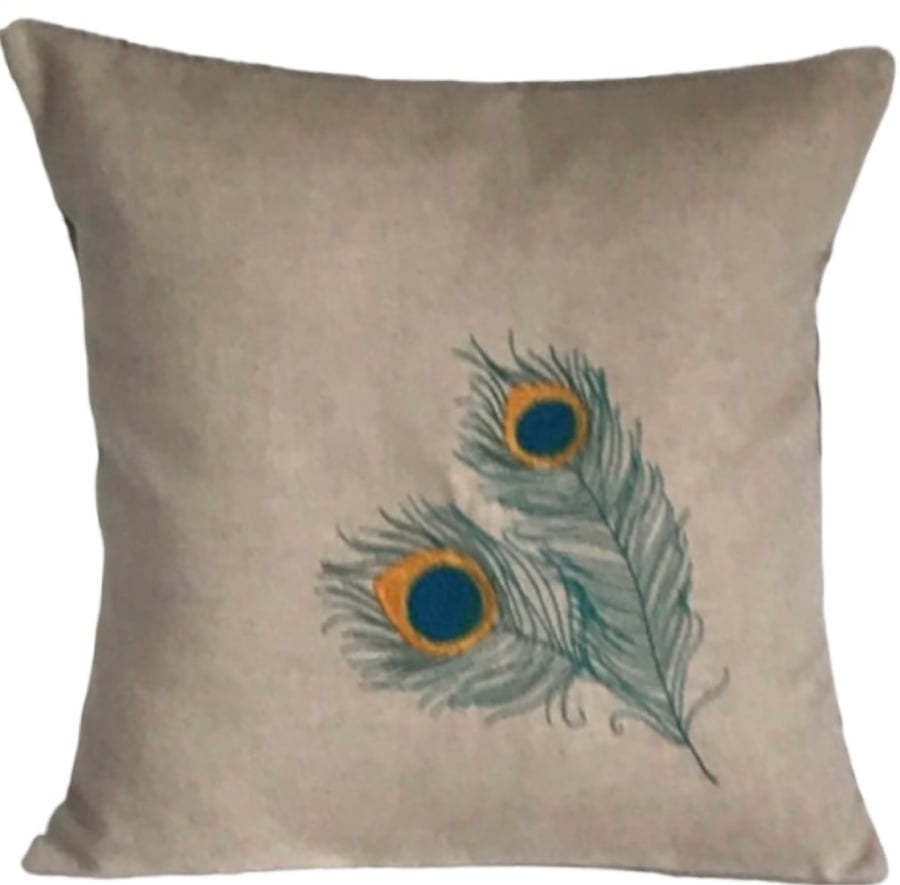 Peacock Feather Embroidered Cushion Cover 12”x12” Gift Idea