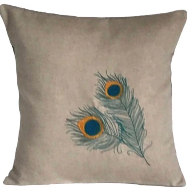 Peacock Feather Embroidered Cushion Cover 12”x12” Gift Idea