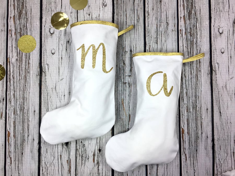 Christmas white & gold glitter letter family Stocking- bulk discount! 