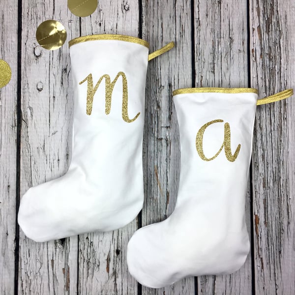 Christmas white & gold glitter letter family Stocking- bulk discount! 