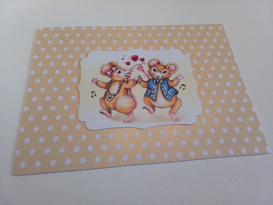 Valentine card. Birthday card. Handmade card. Dancing mice.Ref 093