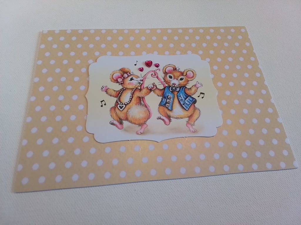 Valentine card. Birthday card. Handmade card. Dancing mice.Ref 093