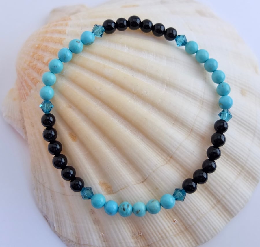 Black Onyx, Turquoise Howlite, & Swarovski Crystal Bracelet - Handmade In Devon.