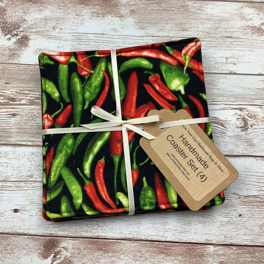 Chillis coaster set, Fabric coaster set of 4, Handmade