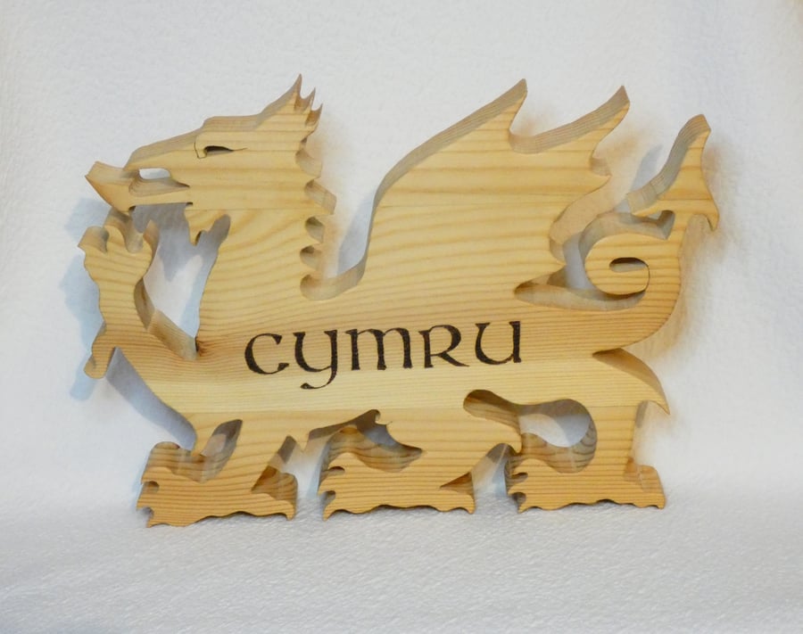 Unique Wooden Welsh Dragon Ornament with Cymru in Pyrography