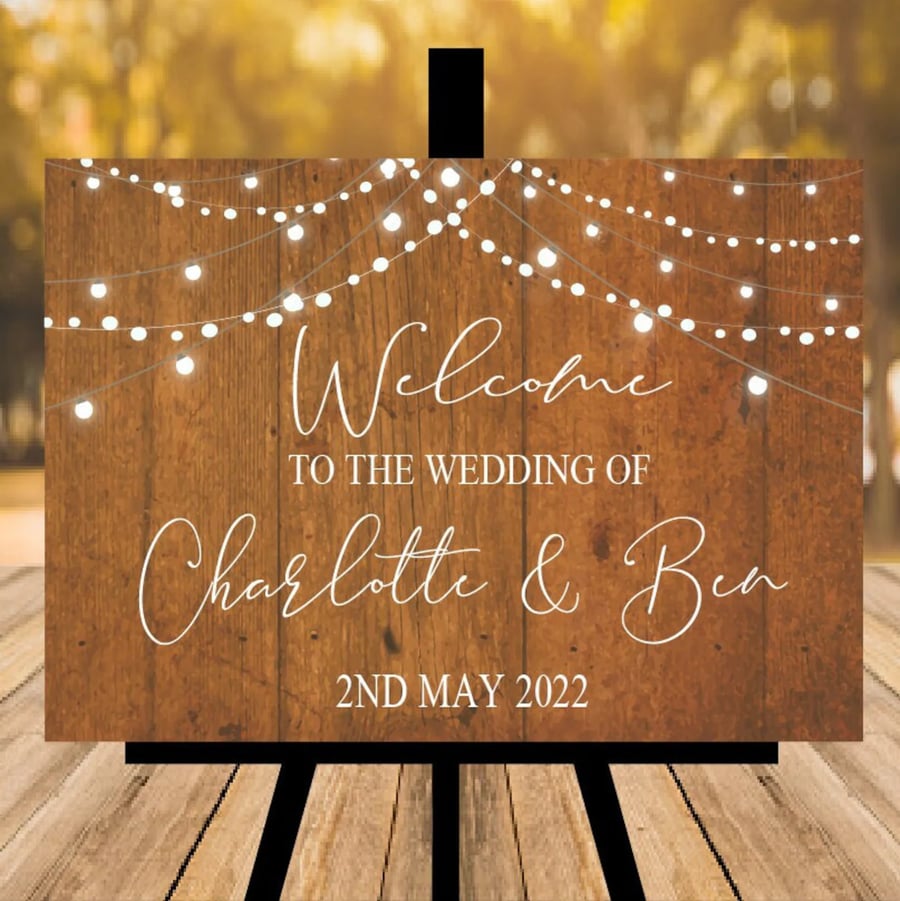 Personalised Rustic Wedding Sign - Orange Wood - Printed Lights