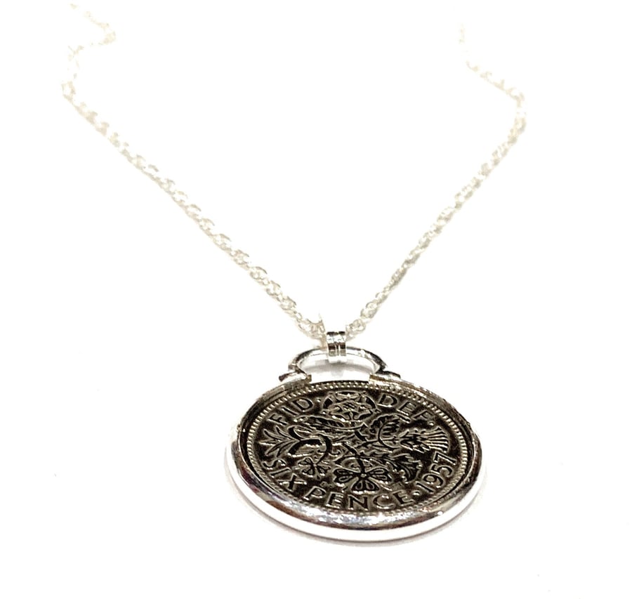 1957 67th Birthday Anniversary sixpence coin pendant plus 22 inch SS chain gift 