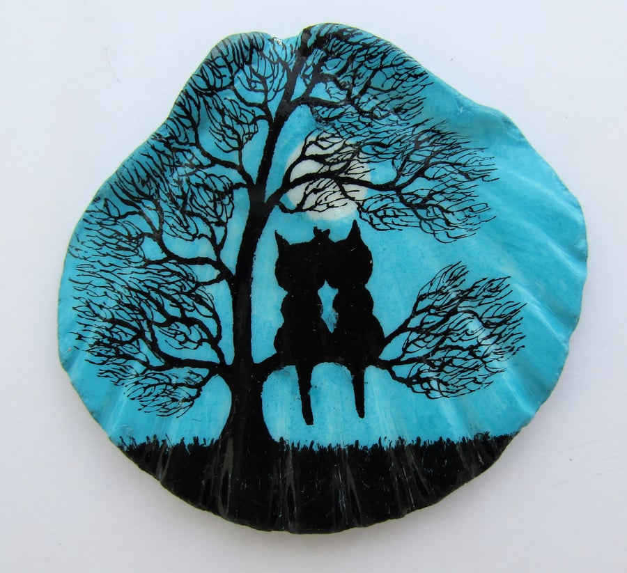  Two Cats in Tree Painting, Shell Art, Unique Art Gift, Black Cats Moon Seashell