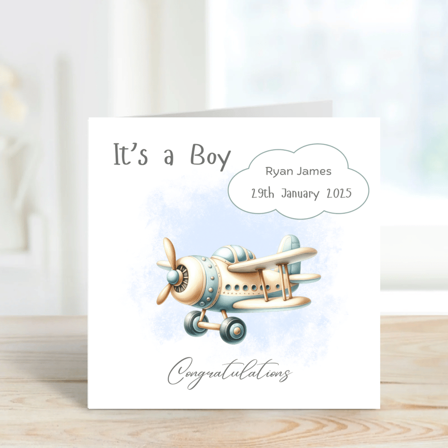 Personalised New Baby Boy Card with Aeroplane