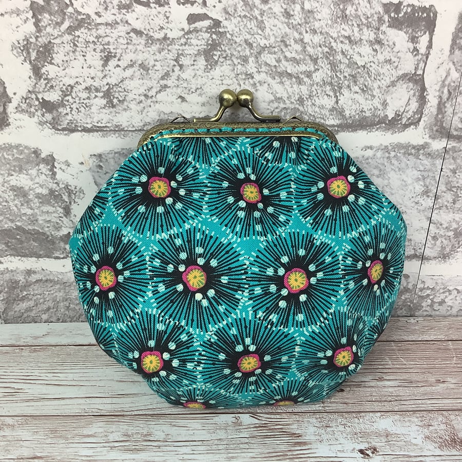 Turquoise floral poppies frame coin purse with kiss clasp