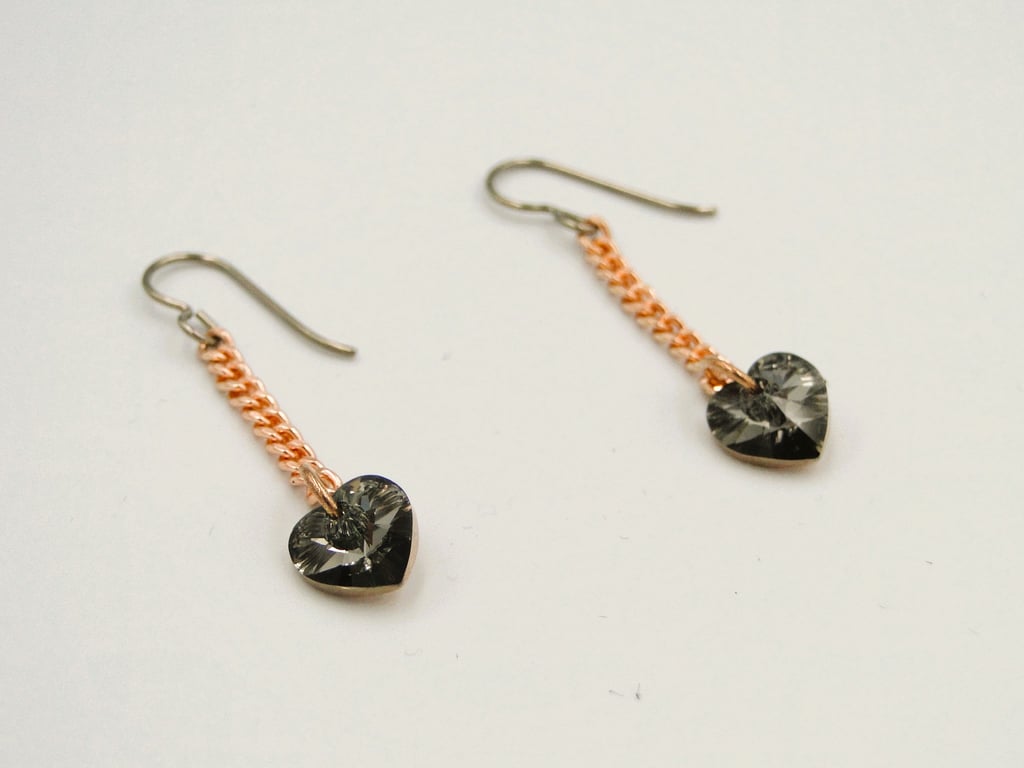 Dark Grey Black sparkling Swarovski Chrystal heart drop earrings