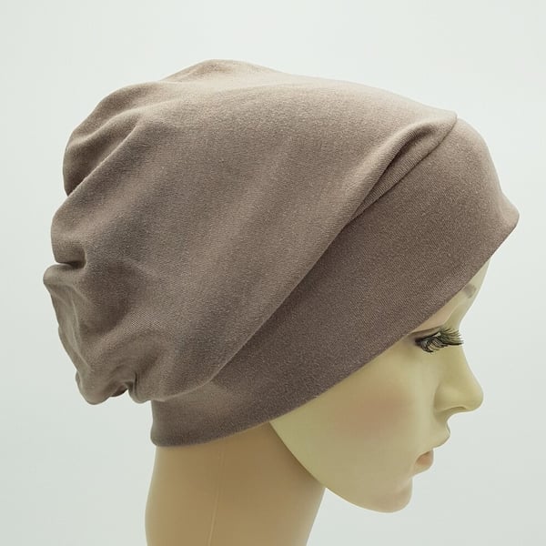 Brown cotton jersey beanie, chemo hat for women, alopecia hair loss