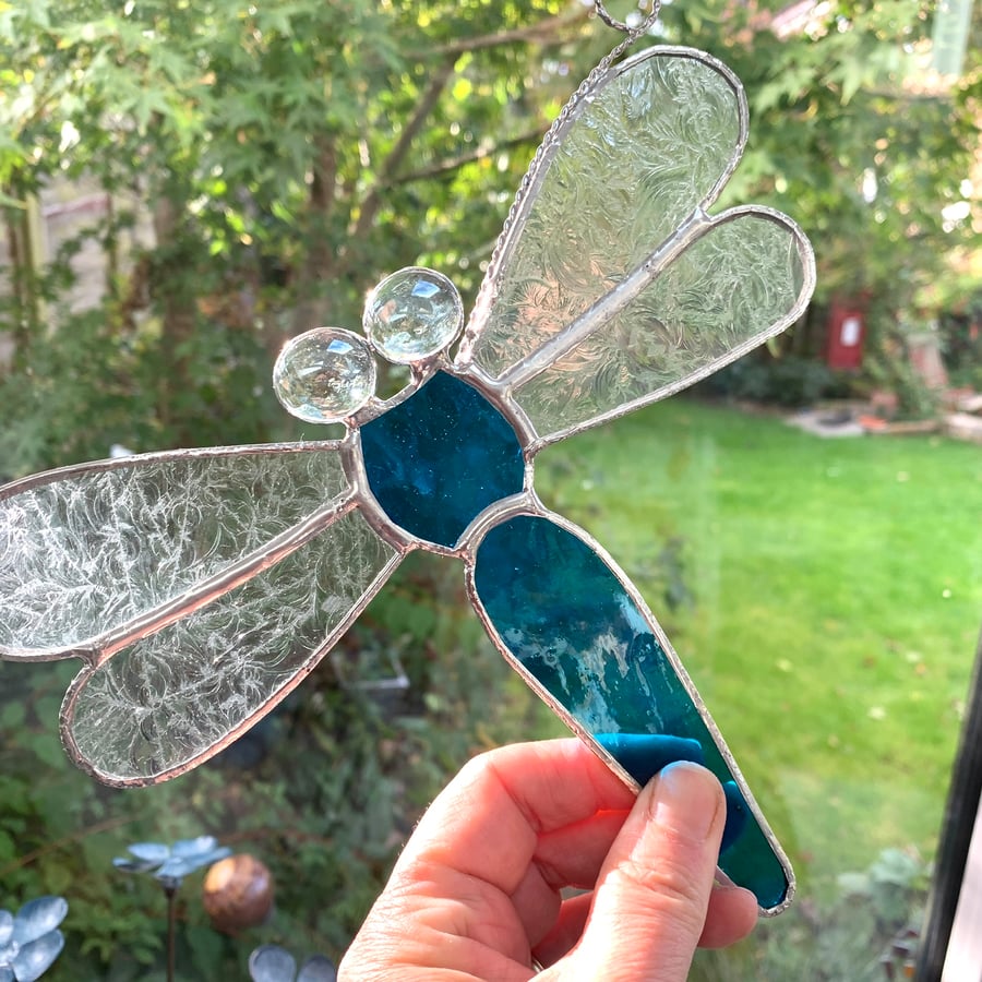 Stained Glass Dragonfly Suncatcher - Handmade Window Decoration - Turquoise 