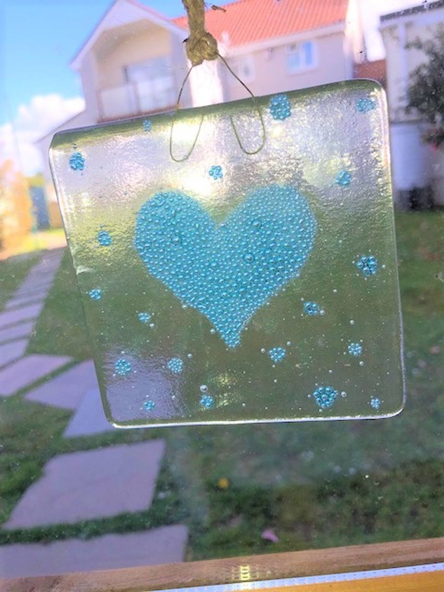 Square bubble art glass hanging heart tile
