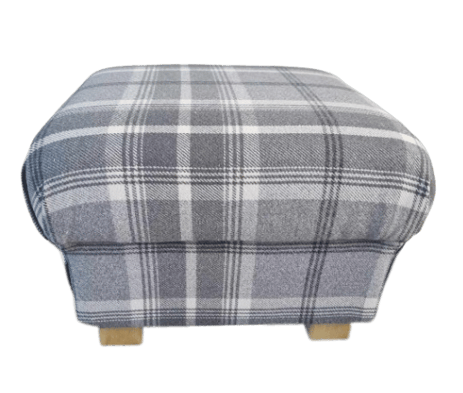 Storage Footstool Balmoral Tartan Check Fabric Pouffe Dove Grey Scottish Accent