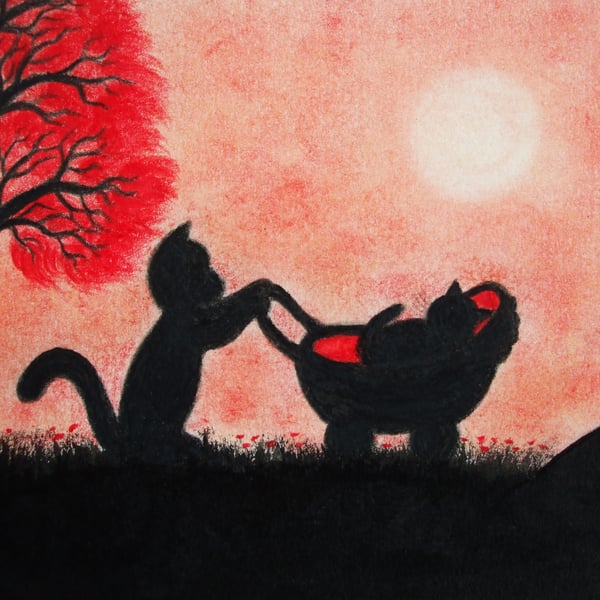 Kitten Card, New Baby Cat Card, Children Card, Black Cats, New Mum Card, Art