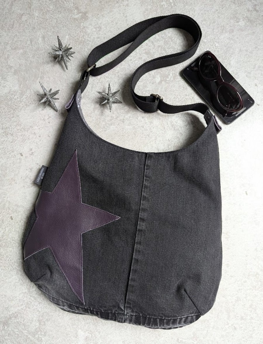 Denim Bag - Black Denim Jeans Cross Body Bag with Purple Leather Star 
