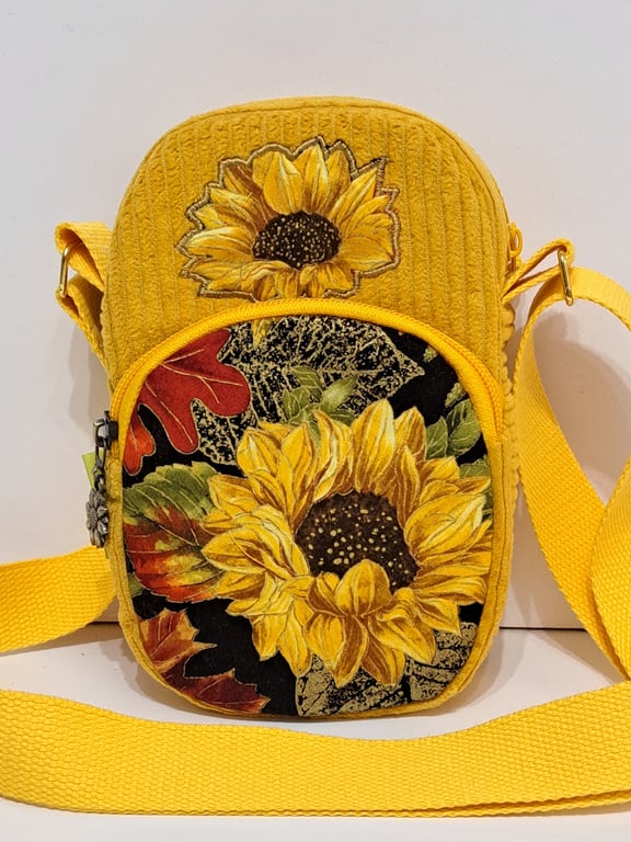 Yellow corduroy phone pouch with sunflowers 