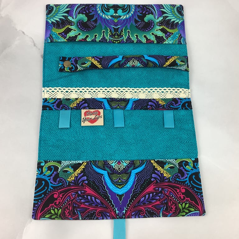 Geometric turquoise jewellery roll, Jewellery storage, Travel organiser