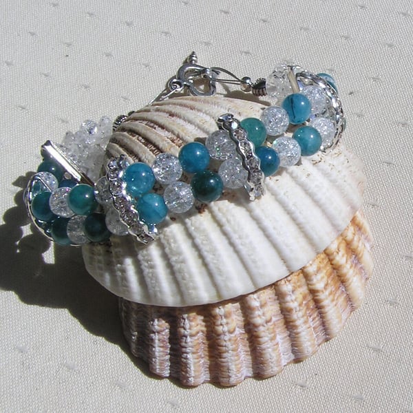 Teal Apatite & Clear Quartz Gemstone Crystal Beaded Bracelet