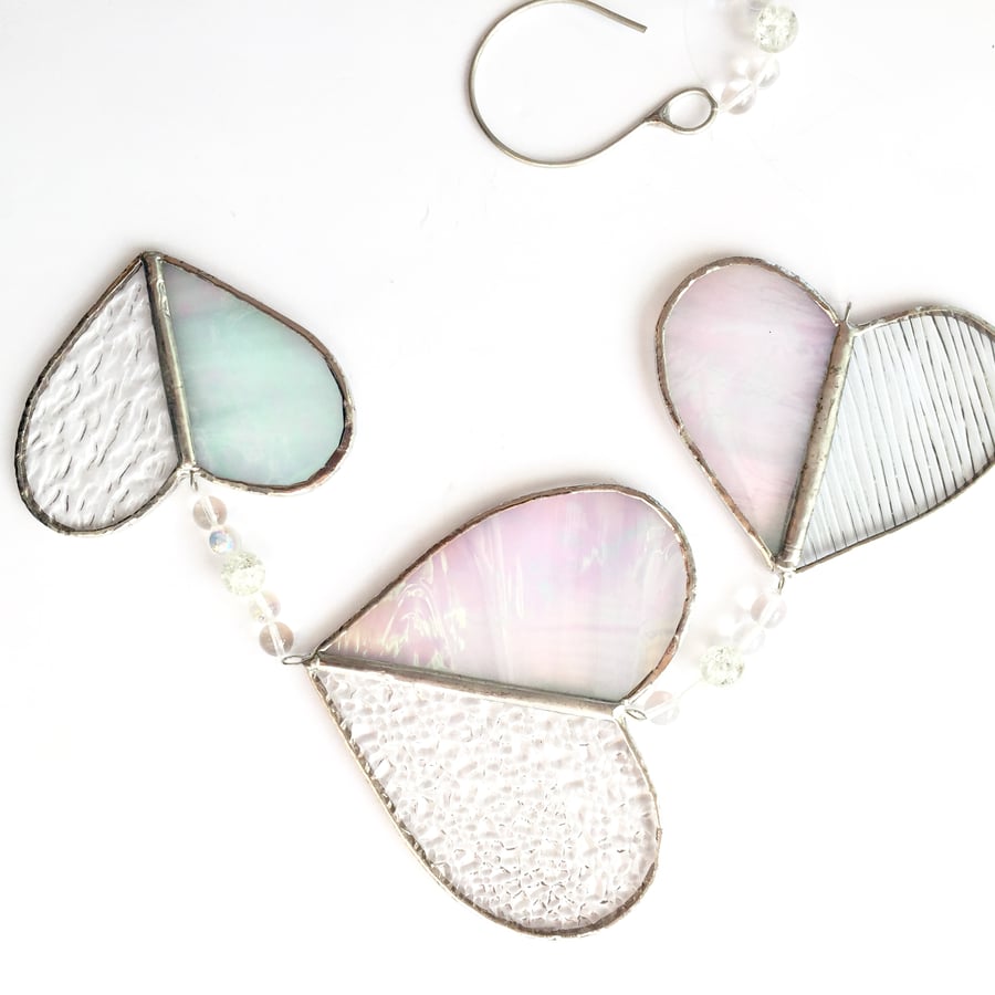 Stained Glass Hearts Suncatcher - Handmade Hanging Decoration - Clear and White 