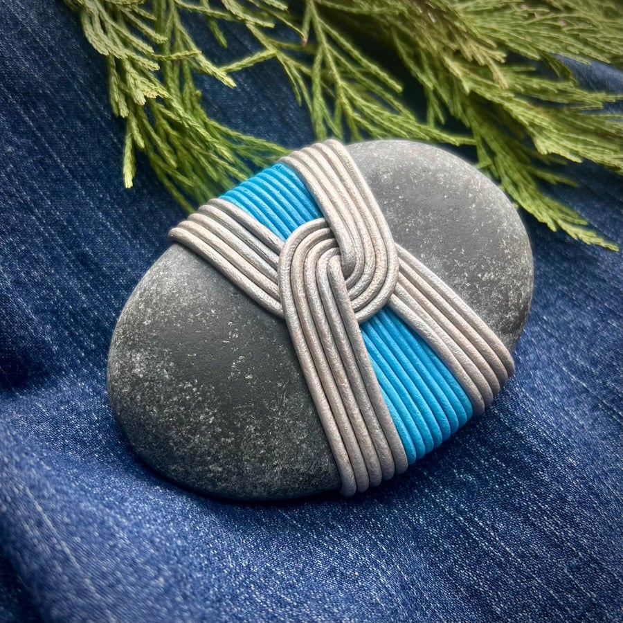 Turquoise and Silver Meditation Stone, Zen Stone, Japanese Mizuhiki Rock