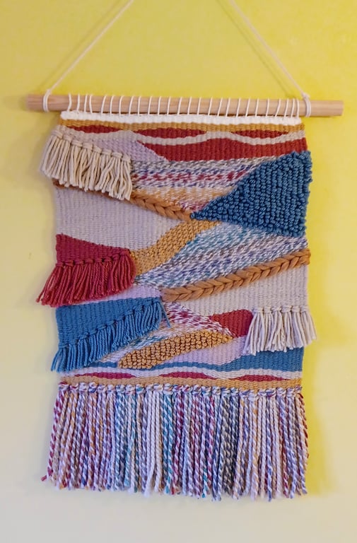 Hand woven wall hanging - abstract in mixed colours