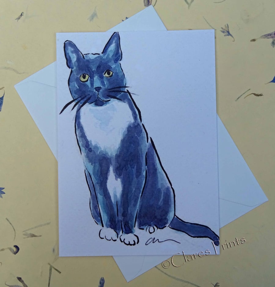 Interested Cat Blank Greeting Card From my Original Watercolour Painting