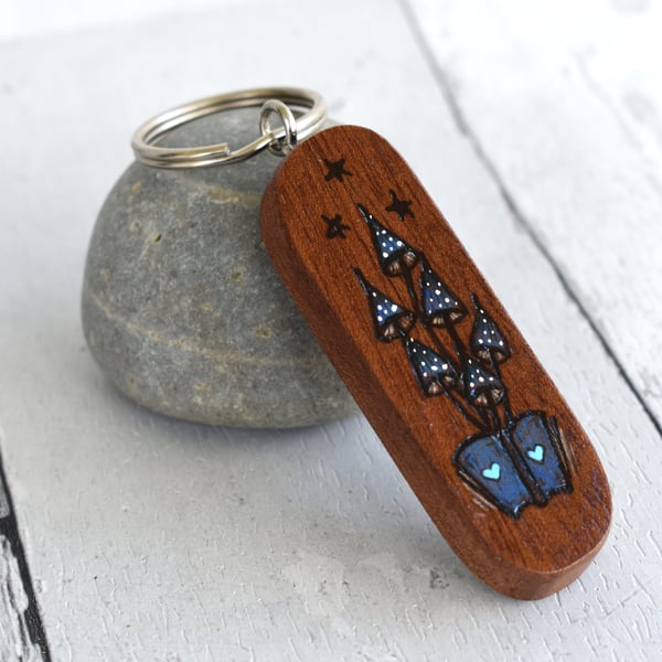 Book of fungi. Pyrography key ring.