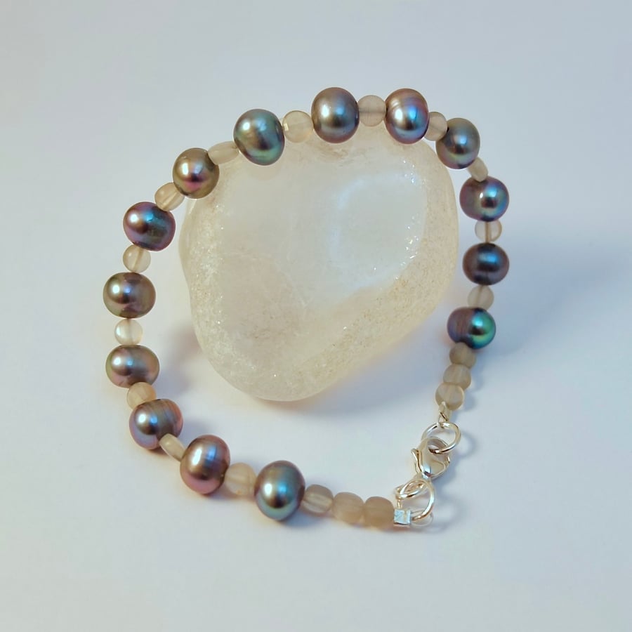 Freshwater Pearl & Moonstone Bracelet, June Birthstone, 30th Anniversary Gift