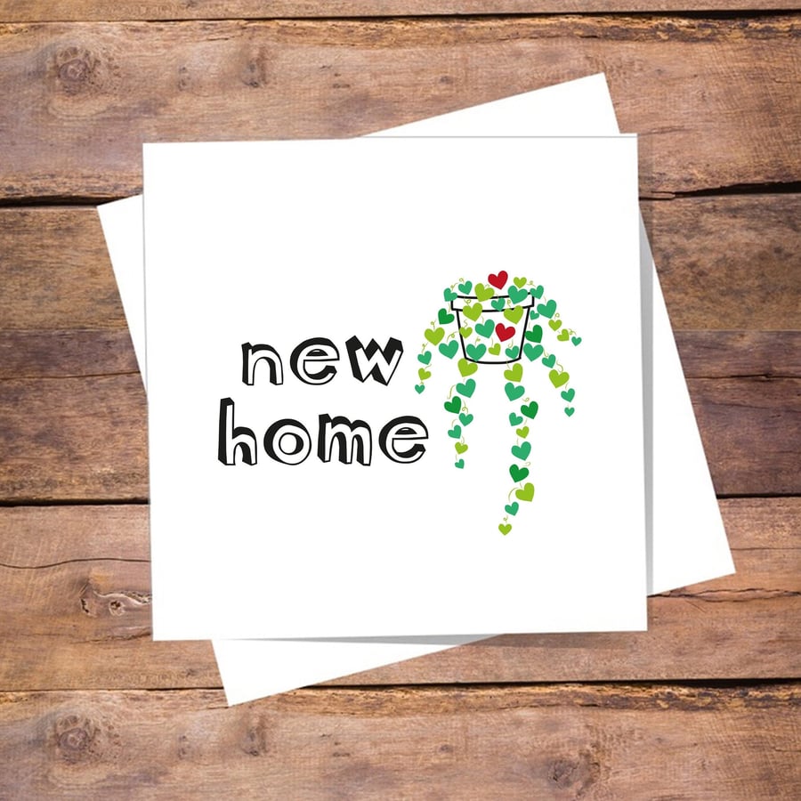 New Home Card - House plant. Moving House Card. shimmer red and green hearts. 
