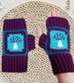 Crochet gloves in a purple, teal and white toadstool design. Toadstool gloves.