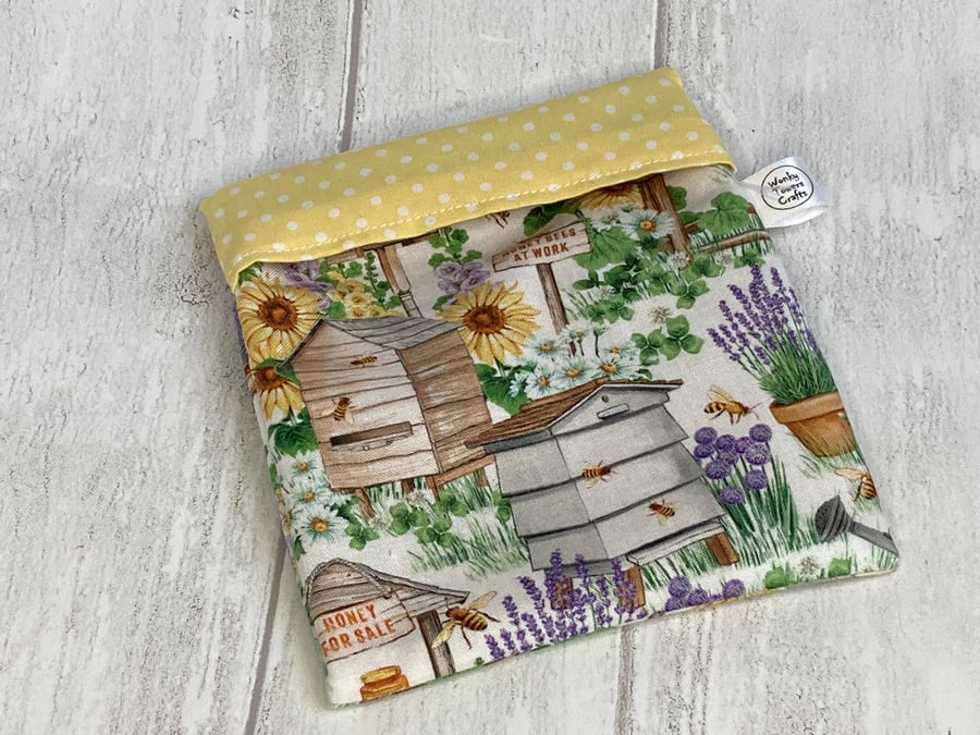 Reusable snack bag with food safe lining. Bees and flowers.