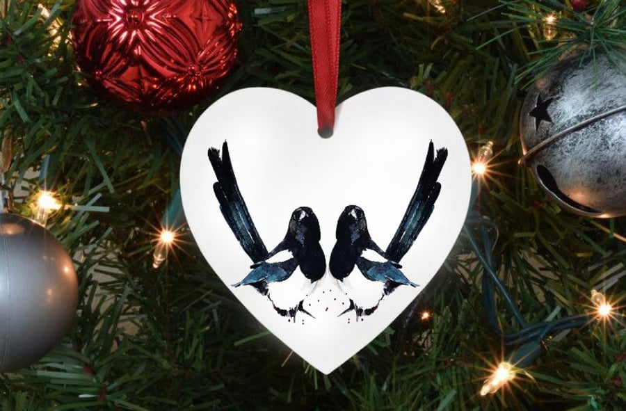Magpie II Heart Tree Decoration.Magpie Xmas Tree Decoration,Magpie Christmas Tre