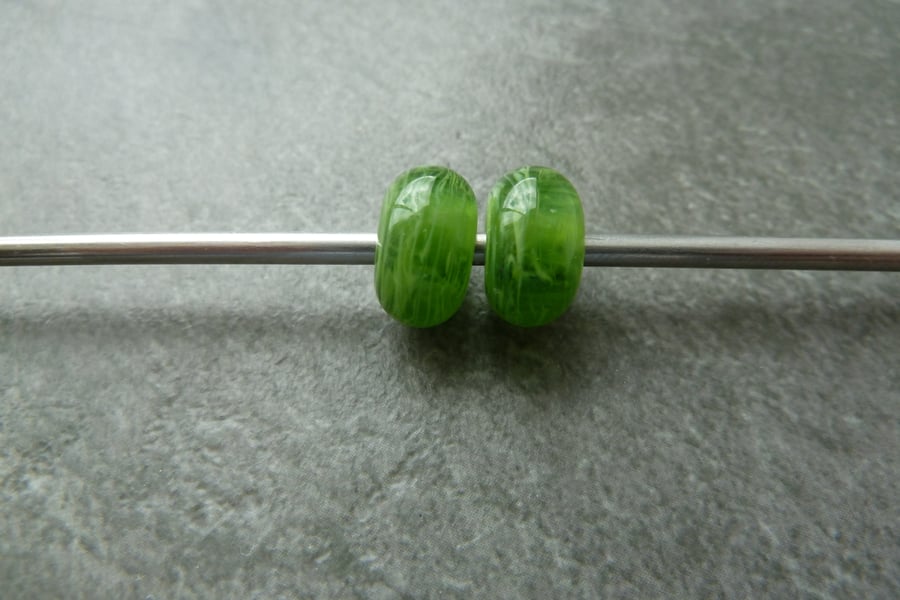 green streaky lampwork glass bead pair