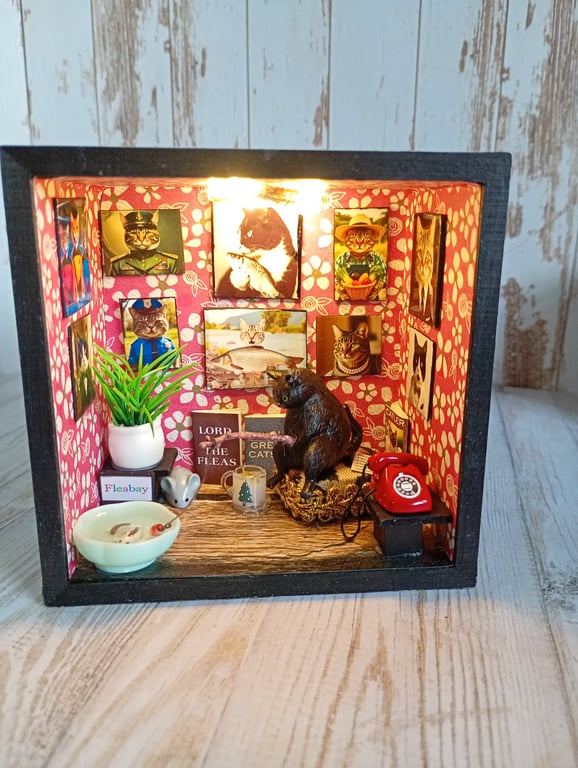 Box room Diorama, fishing cat, quirky gift for cat lovers, with lights. Cat lady