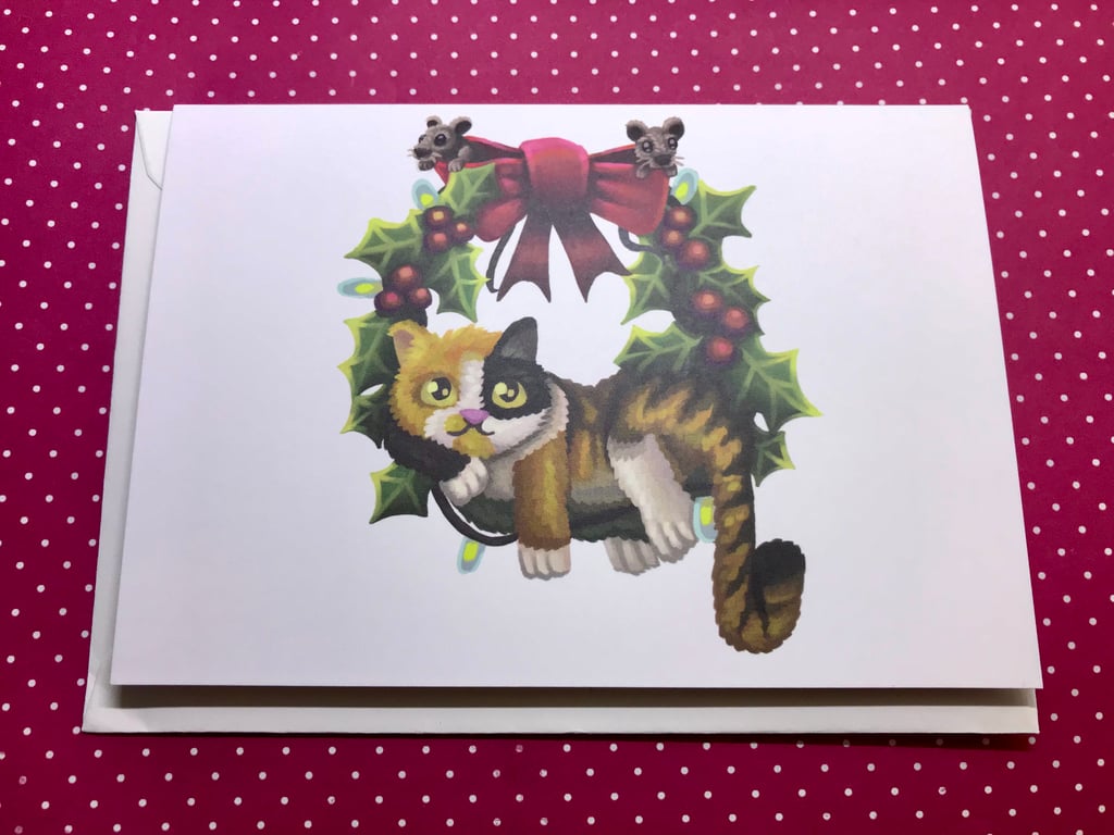 Christmas Cat on a Wreath Blank Greeting Card