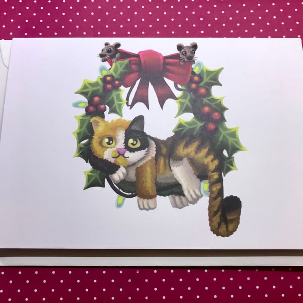 Christmas Cat on a Wreath Blank Greeting Card