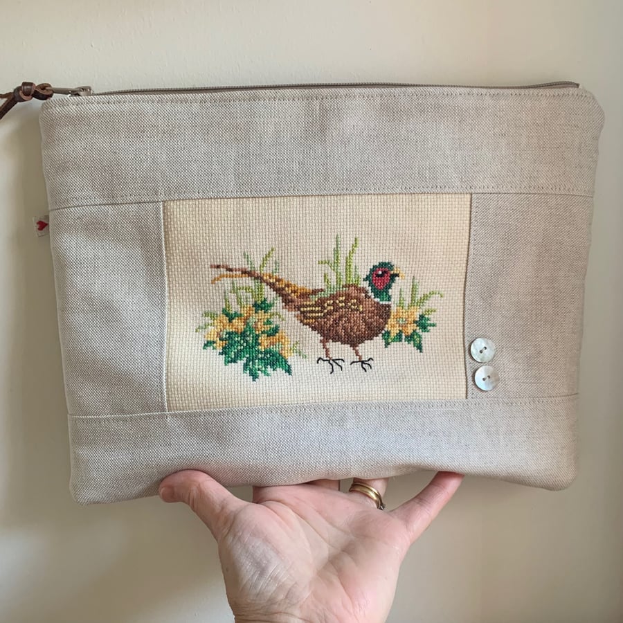 Linen and repurposed Pheasant cross stitch Pouch