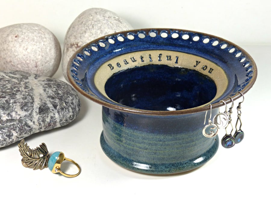 Beautiful You Blue and Greenyblue Ceramic Jewellery Bowl for earrings. 