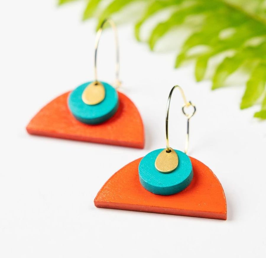 Bright and colourful, wood and brass hoop earrings (The Haytor hoop earrings) 